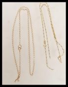 Two stamped 9ct gold necklace chains to include a fine belcher link chain and a flat link chain.