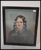 A chalk pastel drawing on paper depicting a Victorian woman wearing mourning attire in a black dress