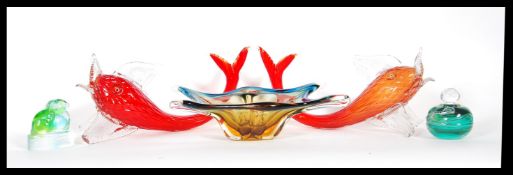 A collection of vintage 20th Century studio glass to include dishes, paperweights, fish figurines