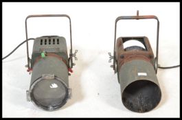 A pair of mid 20th century Strand Electric Theatre Spotlights in an unusual green colourway with