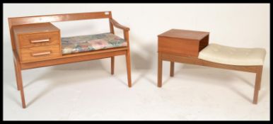Two retro 1970's teak wood telephone table seats, the larger having two drawers with sunken handles,