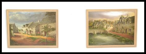 A pair of 20th Century oil on board paintings by N.E. Newcombe, one entitled 'The lovely Elizabethan