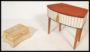 Two vintage retro 20th Century woven sewing work boxes to include a white and yellow box with a