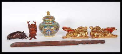 A group of 20th Century Chinese items to a cloisonne bulbous form lidded vase having scroll and