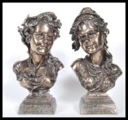 A pair of good  contemporary bronzed sculptural busts of classical females, the busts raised on