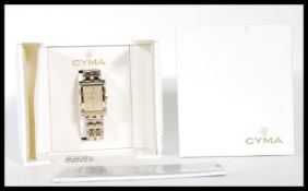 A vintage Cyma tank face gents, Bi-colour bracelet watch, Roman numeral quarter markers to the