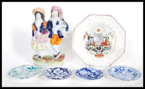 A group of ceramics dating from the 19th Century to include a Staffordshire flatback of a couple