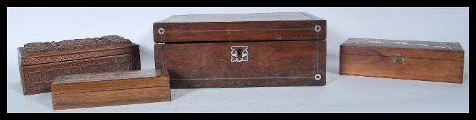 A collection 20th Century antique wooden work boxes, to include tunbridge ware trinket box, a bone