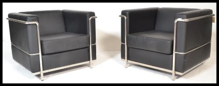 After Le Corbusier - A pair of  'LC2 ' type black vinyl leather and chrome club chair. The