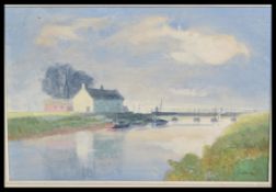 A 20th Century oil on board painting depicting a canal side with moored boats and houses, signed