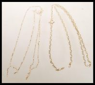 Two stamped 9ct gold fine necklace chains to include a figaro chain and a flat link chain on