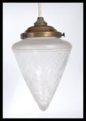 An early 20th Century Edwardian etched glass hall / porch lantern, the glass shade of conical form