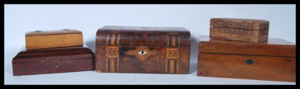 A selection of vintage wooden boxes to include a tunbridge box having inlaid geometric bands to