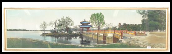 A large 20th Century Japanese machine woven silk picture, depicting a river lake landscape scene