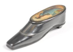 A 19TH CENTURY GEORGIAN PAPER MACHE SHOE VESTA CAS