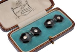 A pair of  Art Deco French platinum, onyx and diam
