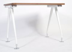 CONTEMPORARY DESIGNER TEAK LAMINATED DESK WITH 'A' FRAME LEGS