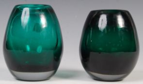 PAIR OF JIM DYER LISKEARD GLASS SEA GREEN VASES.