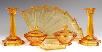 BAGLEY WHITBY PATTERN ART DECO AMBER GLASS VANITY SET