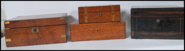 A group of 19th Century Victorian antique boxes comprising a coromandel wood ladies jewellery box of