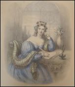 An early 20th Century pencil drawing on paper depicting a 19th Century lady sitting at a writing