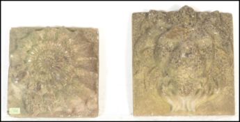 Two composite stone garden ornaments / plaques, on