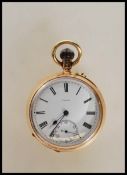 A 18ct gold hallmarked open face pocket watch W. Ehrhardt of Hockley, No.190224, having a white