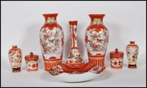 A group of early 20th Century Japanese orange Kutani wares having hand painted oriental scene and