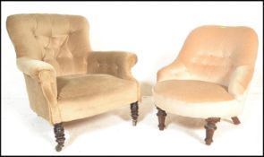 A 19th century Victorian mahogany overstuffed Chesterfield armchair raised on turned legs with