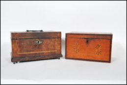 An 18th century satinwood tea caddy of smaller form with inlaid cartouche panel top with sunburst