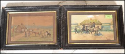A pair of 19th Century watercolour on paper paintings depicting country villages, one depicting