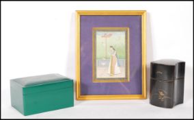 A collection of Chinese lacquered trinket boxes together with an Indian Mughal oil on board of a