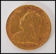 A Queen Victoria 1894 gold sovereign coin with old Bust Front, St George & Dragon verso. Total