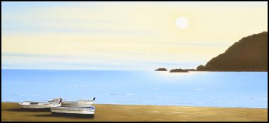 Celia Benavent Spain 1958- present-  A quality still-life oil on board titled Boat On The Beach