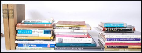 A collection of hardback reference books on antiques and collectables along with reference history