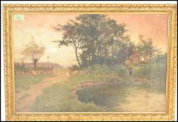 A early 20th century watercolor painting depicting a conry side view of a pond with ducks and a lady