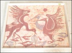 A late 20th Century wax resistant screen print made with dye on cloth depicting birds at a lily pond