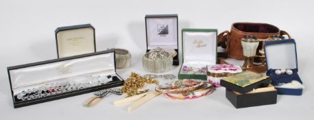 A collection of gold and costume jewellery and accessories to include a matching 9ct gold hallmarked
