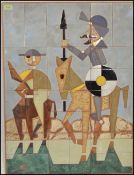 A vintage retro 20th Century tiled wall art panel depicting Don Quixote and Sanchez riding on
