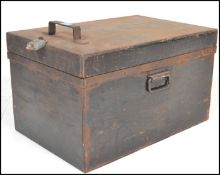 A vintage 2oth Century scratch built strongbox, constructed from steel with carry handles to the