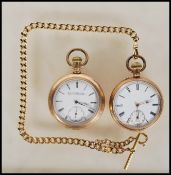 Two gold plated pocket watches, both having white enamel face with Roman numeral chapter ring,