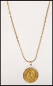 An 18ct gold snake link necklace chain with c-clasp strung with a Seretse 10 Thebe gold Independance