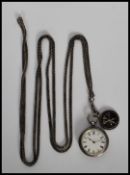 A silver open face pocket watch marked 800/1000 silver, having enamel face with Roman numerals to