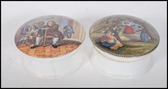 Two 19th Century prattware pots with lids to include ' The Swing ' and ' Doctor Johnson '.