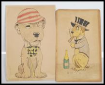 A pair of early 20th Century pen and ink drawings on card of Bonzo the dog coloured in watercolor.