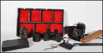 A collection of vintage items to include a pair of Carl Zeiss Jena 8 x 30 binoculars, hip flask, a
