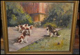 A 20th Century oil on board painting picture of a King Charles Spaniel together with three  of her