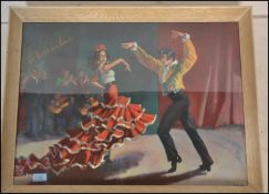 A mid century retro / vintage print of a Spanish Flamenco dancer and her partner. Set within the
