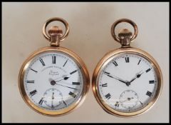 Two gold plated pocket watches, both having white enamel face with Roman numeral chapter ring,