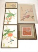 A collection of Japanese 20th Century artwork to include an embroidered scene with blossoms and a